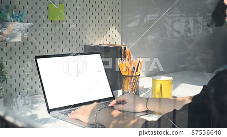 View through glass window working male freelancer working with computer laptop. View through glass window working male freelancer working with computer laptop. 87536640
