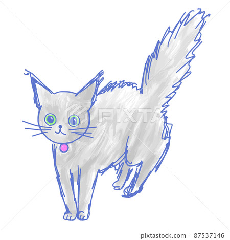 Illustration of a gray cat with surprised hair upside down and a bulging tail 87537146