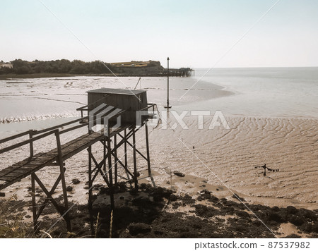Traditional fishing cabin and net - Carrelet - Talmont sur Gironde, France 87537982