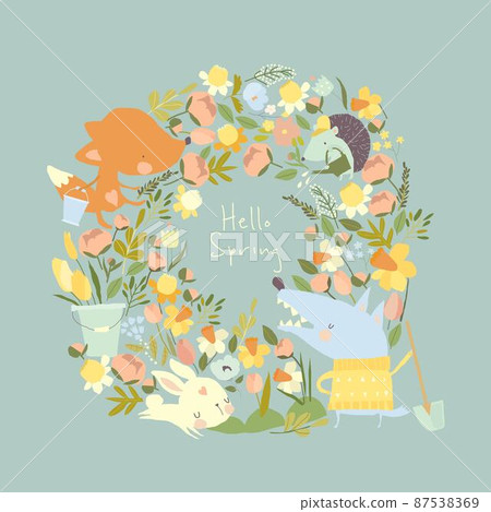 Cute Cartoon Wreath with Animals and Spring Flowers 87538369