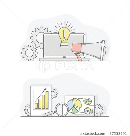 Business management symbols set. Effective planning, market research, investment, business success lined vector illustration 87538391