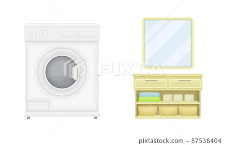 Bathroom interior elements set. Washing machine and mirror cartoon vector illustration 87538404