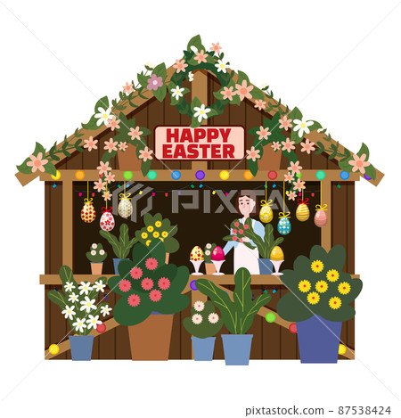 Easter Market wooden stall decorated flowers, tent, kiosk. Seller, spring flowers Easter Market wooden stall decorated flowers, tent, kiosk. Seller, spring flowers 87538424
