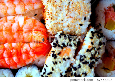 Top view of delicious fresh sushi, Japanese food. 87538802