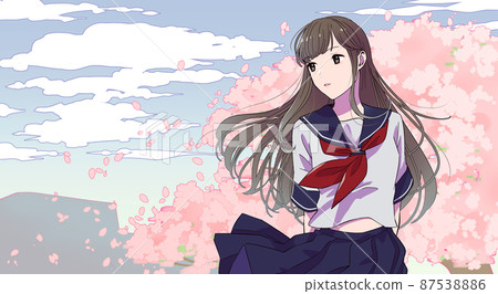 Illustration of a female student wearing a sailor suit Sakura & twilight sky background 87538886