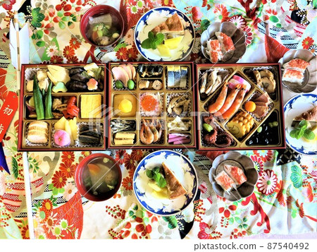在我家做新年壽司,ozoni,並排攤開的三個沉重的盒子,蝦,kuri-kinton,黑豆,datemaki,秋葵,鮭魚子 在我家做新年壽司,ozoni,並排攤開的三個沉重的盒子,蝦,kuri-kinton,黑豆,datemaki,秋葵,鮭魚子 87540492