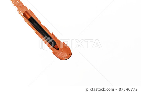 Red matte lipstick in the form of a pencil, smear texture on a white background 87540772