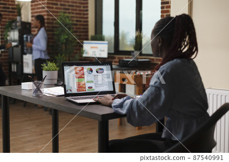 Research agency accountant analyzing reported revenues and business expenses. Research agency accountant analyzing reported revenues and business expenses. 87540991