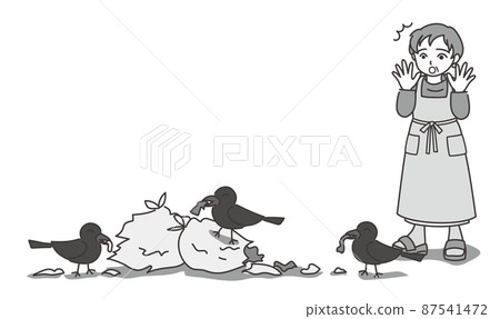 A woman in an apron who is surprised to find a crow breaking a garbage bag D [single color / no wall] 87541472