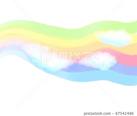 背景材料，蓬鬆的雲彩粘在 6 條彩色線條的彩虹上，具有水彩般的觸感 87542486