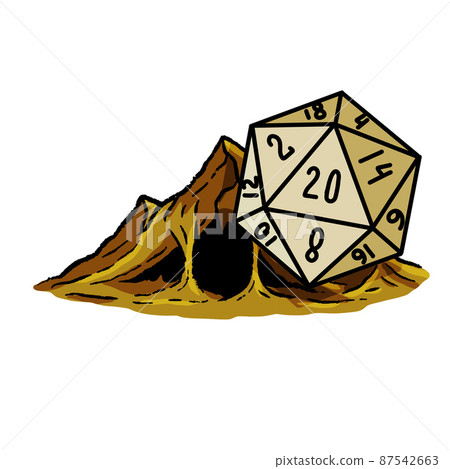 Dungeon and dragons board game. Dice d20 and cartoon cave entrance 87542663