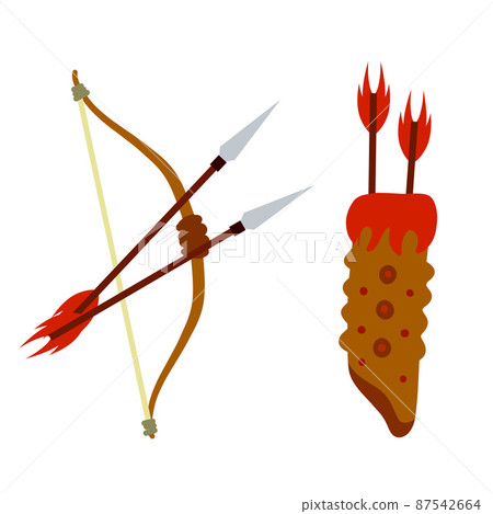 Bow and arrow. Taut bowstring. Set of objects. Flat cartoon illustration. Shooting and hunting element 87542664