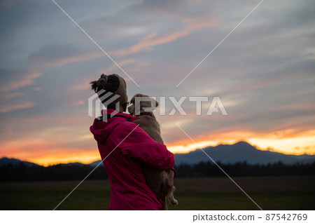 Woman holding her dog looking at beautiful sunset sky 87542769