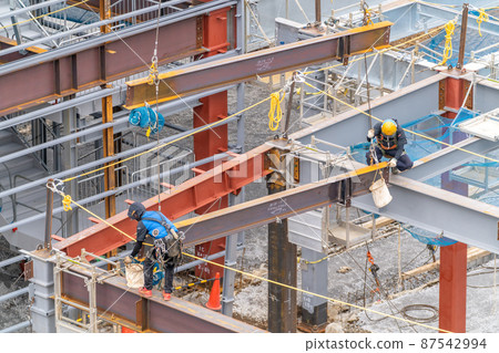 Construction site, steel frame construction, high-altitude work, jump safety belt, lanyard, stanchion, main rope support, main rope safety pair 87542994