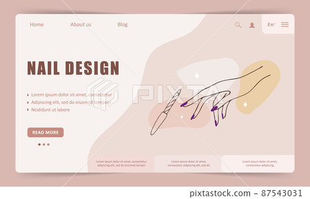 Nail service landing page template. Linear female hands. Beauty logo for manicure studio or spa salon. Vector Illustration in flat cartoon style. Website design 87543031