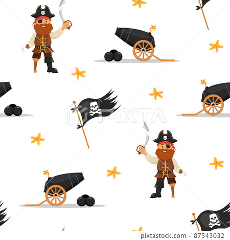 Seamless pattern with pirate cannon, flag and captain. Childish vector illustration in flat cartoon style. Hand drawn fabric design or package paper 87543032