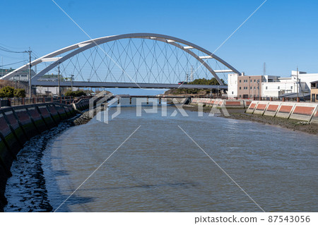 A large bridge over the river, the Suwa River leading to the Ariake Sea in Fukuoka Prefecture A large bridge over the river, the Suwa River leading to the Ariake Sea in Fukuoka Prefecture 87543056
