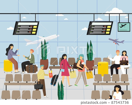Passengers in airport hall. People walking with luggage, tickets, passport, waiting for flight, vector illustration. 87543736