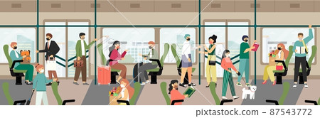 People wearing face masks in city public transport. Safe travel, commute by bus, subway train, tram, vector illustration People wearing face masks in city public transport. Safe travel, commute by bus, subway train, tram, vector illustration 87543772