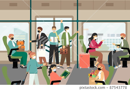 Passengers in face masks traveling by bus, tram. People commuting safety on city public transport, vector illustration. Passengers in face masks traveling by bus, tram. People commuting safety on city public transport, vector illustration. 87543778