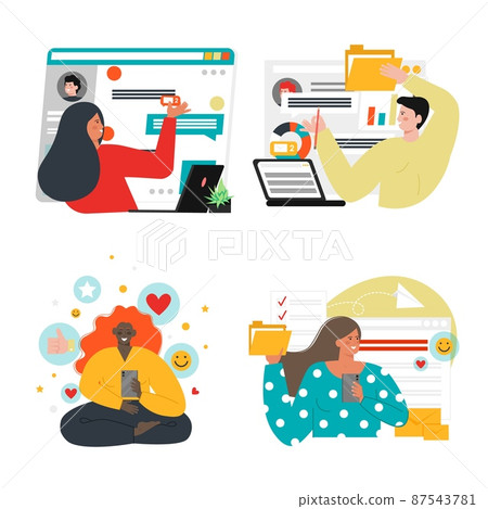 People chatting on social networks, vector isolated illustration. Digital communication. Online conversation. 87543781