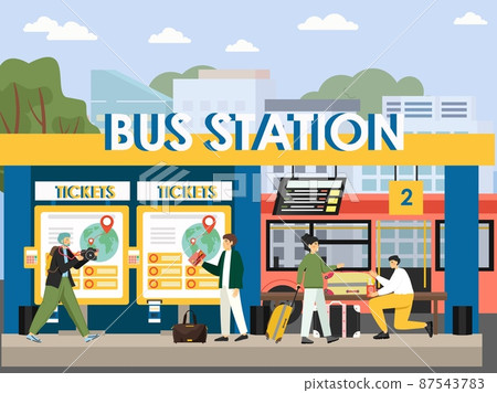 People buying travel bus tickets at self service ticketing kiosk, vector illustration. Self service technologies. 87543783