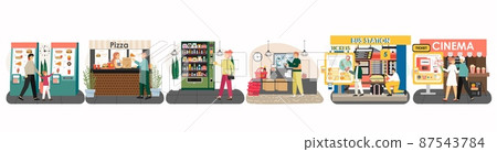 Vending machine, travel and cinema tickets, restaurant food and drink kiosks, supermarket self-service cashier, vector. 87543784
