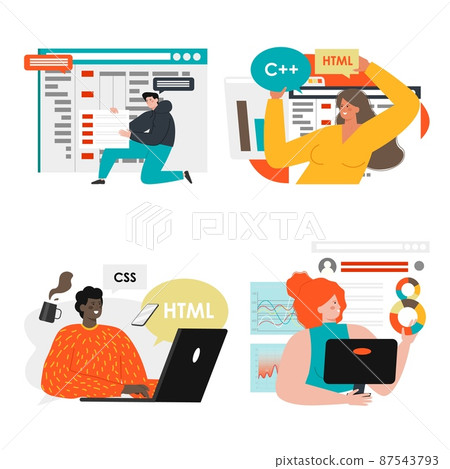 Software developers, programmers coding, programming, creating website, vector isolated illustration. Web development. Software developers, programmers coding, programming, creating website, vector isolated illustration. Web development. 87543793