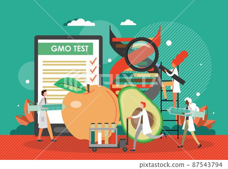 GMO testing lab. Scientists conducting gmo test with fruit. Bioengineered food, genetically modified product, vector. GMO testing lab. Scientists conducting gmo test with fruit. Bioengineered food, genetically modified product, vector. 87543794