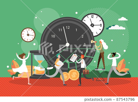 Clock, hourglass, office people running in panic with documents. Time management, deadline, urgent work, vector. 87543796