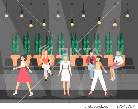 Fashion show. Female models walking down catwalk demonstrating clothing in front of audience, vector illustration. Fashion show. Female models walking down catwalk demonstrating clothing in front of audience, vector illustration. 87543797