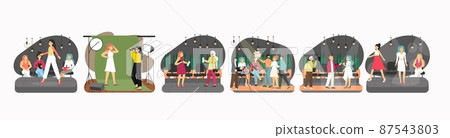 Fashion show scene set with catwalk models, videographer, photographer, fashion designer, journalist vector illustration 87543803