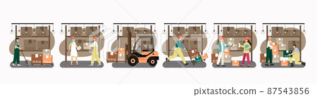 Merchandise warehouse workers, loaders, forklift, loading cart, cardboard boxes. Storage services, vector illustration. 87543856