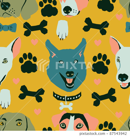 Vector seamless pattern with dog muzzles and dog life elements 87543942