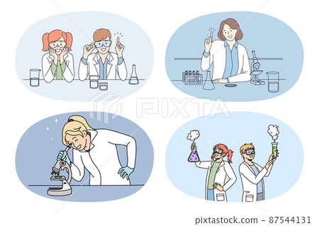 Set of scientists make experiments in laboratory Set of scientists make experiments in laboratory 87544131