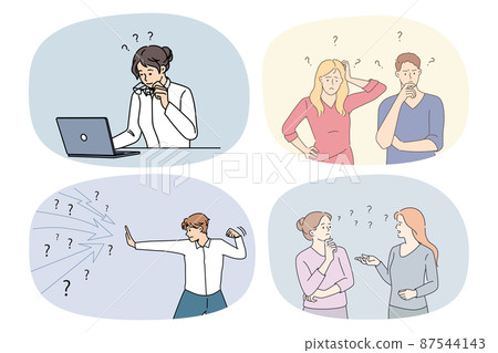 Set of diverse people feel confused with problem solution  87544143