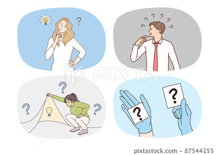Set of people brainstorm think of problem solution Set of people brainstorm think of problem solution 87544155