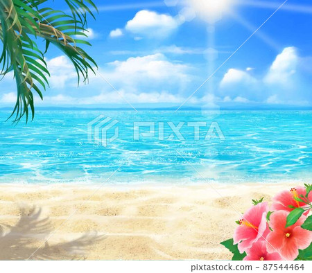 在陽光普照的藍天下,沙灘上盛開著棕櫚樹和芙蓉花夏日海閃閃發光的時尚框架背景素材 在陽光普照的藍天下,沙灘上盛開著棕櫚樹和芙蓉花夏日海閃閃發光的時尚框架背景素材 87544464