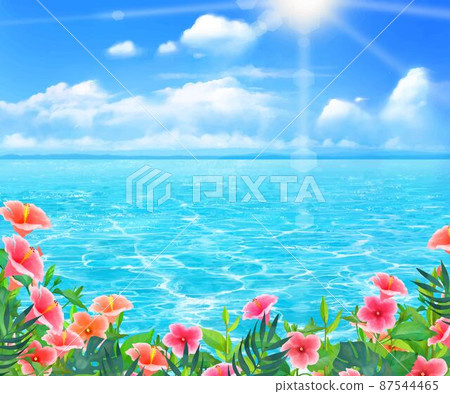 夏季時尚的框架背景材料,夏日的樹葉和芙蓉沿著陽光普照的藍天下美麗的大海綻放 夏季時尚的框架背景材料,夏日的樹葉和芙蓉沿著陽光普照的藍天下美麗的大海綻放 87544465