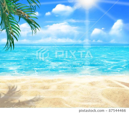 Beautiful frame illustration material of summer sandy beach, blue sky with blurred clouds, palm trees and sea 87544466