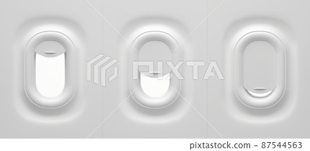 Aircraft windows, front view. Realistic set airplane porthole with open, ajar and closed curtain for passenger safety. Mockup of plane interior with illuminator of plastic and plexiglass, 3d render Aircraft windows, front view. Realistic set airplane porthole with open, ajar and closed curtain for passenger safety. Mockup of plane interior with illuminator of plastic and plexiglass, 3d render 87544563