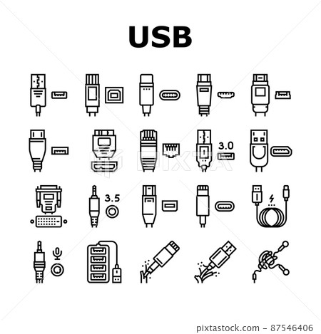 Usb Cable And Port Purchases Icons Set Vector Usb Cable And Port Purchases Icons Set Vector 87546406