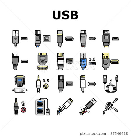 Usb Cable And Port Purchases Icons Set Vector Usb Cable And Port Purchases Icons Set Vector 87546418