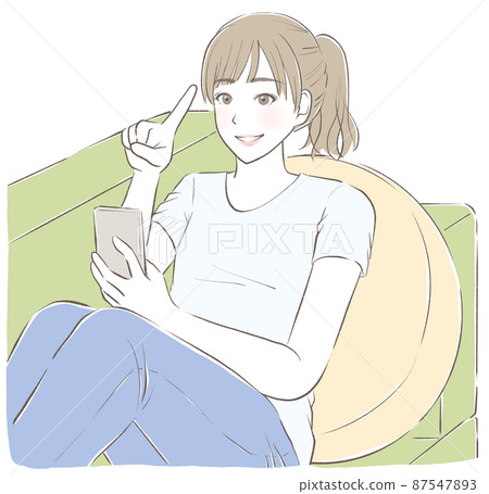 A woman operating a smartphone on the sofa 87547893