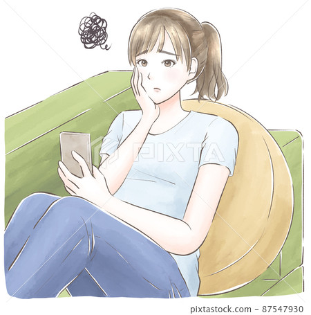 A woman who is worried about looking at a smartphone with a cheek stick on the sofa, watercolor style 87547930