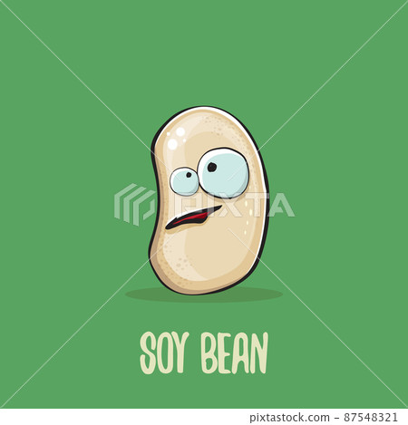 vector funny cartoon cute soybean character isolated on green background. Japan Kawaii soy food funky character. Soybean cartoon illustration 87548321