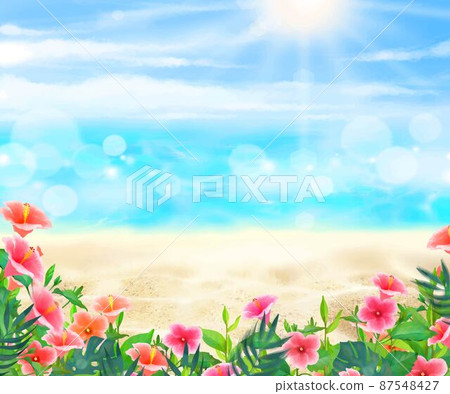 Under the blue sky where the sun shines, tropical leaves and hibiscus bloom on the beach. 87548427