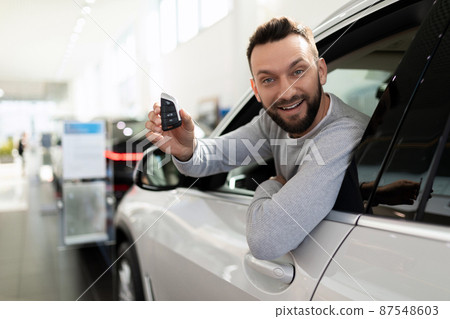 satisfied buyer of a new car with keys in his hands looking at the camera satisfied buyer of a new car with keys in his hands looking at the camera 87548603