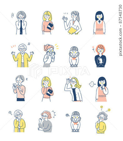 Women's upper body set with various facial expressions 87548730