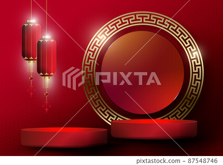Red abstract illustration with a round frame in gold hue, lanterns on pendants Red abstract illustration with a round frame in gold hue, lanterns on pendants 87548746